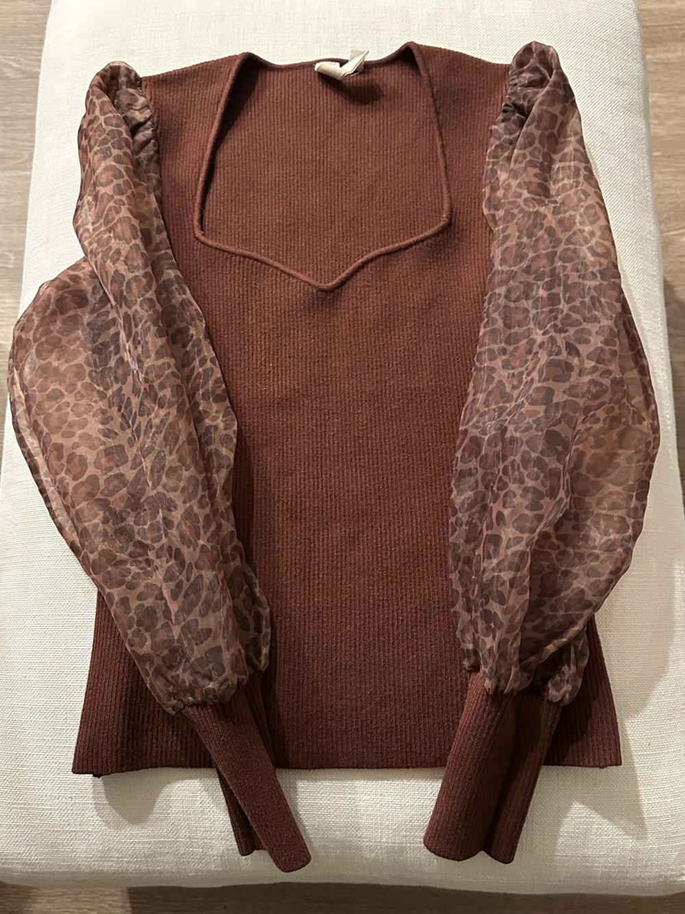dolan Brown Knit Sweater with Sheer Leopard-Print Puff Sleeves
